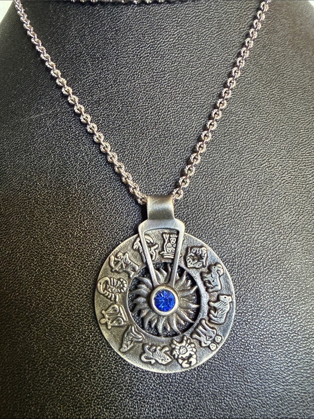 Silver Zodiac Wheel Pendant Necklace with Blue Crystal